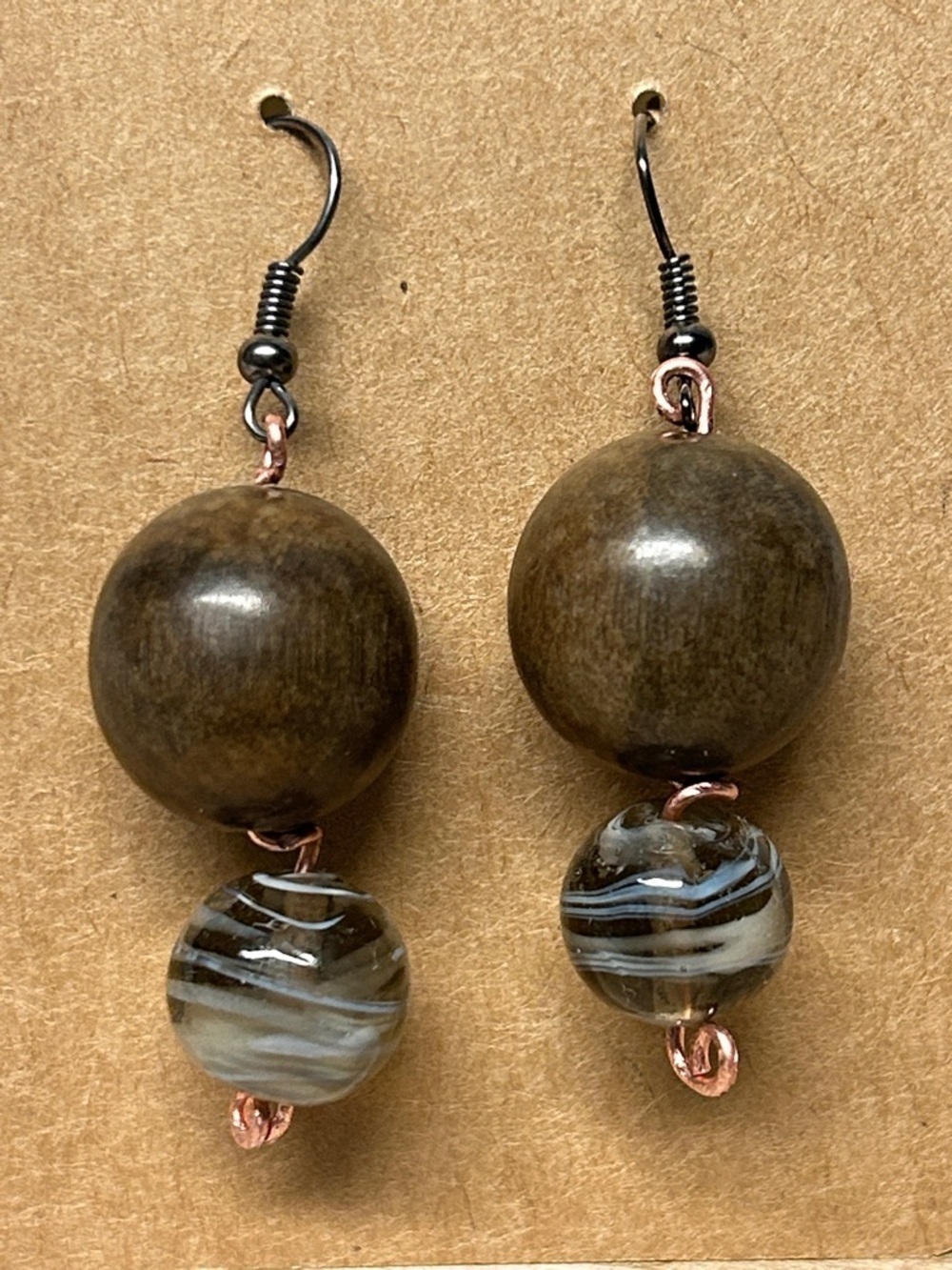 Hand Crafted Brown Wood and Swirled Glass Drop Earrings